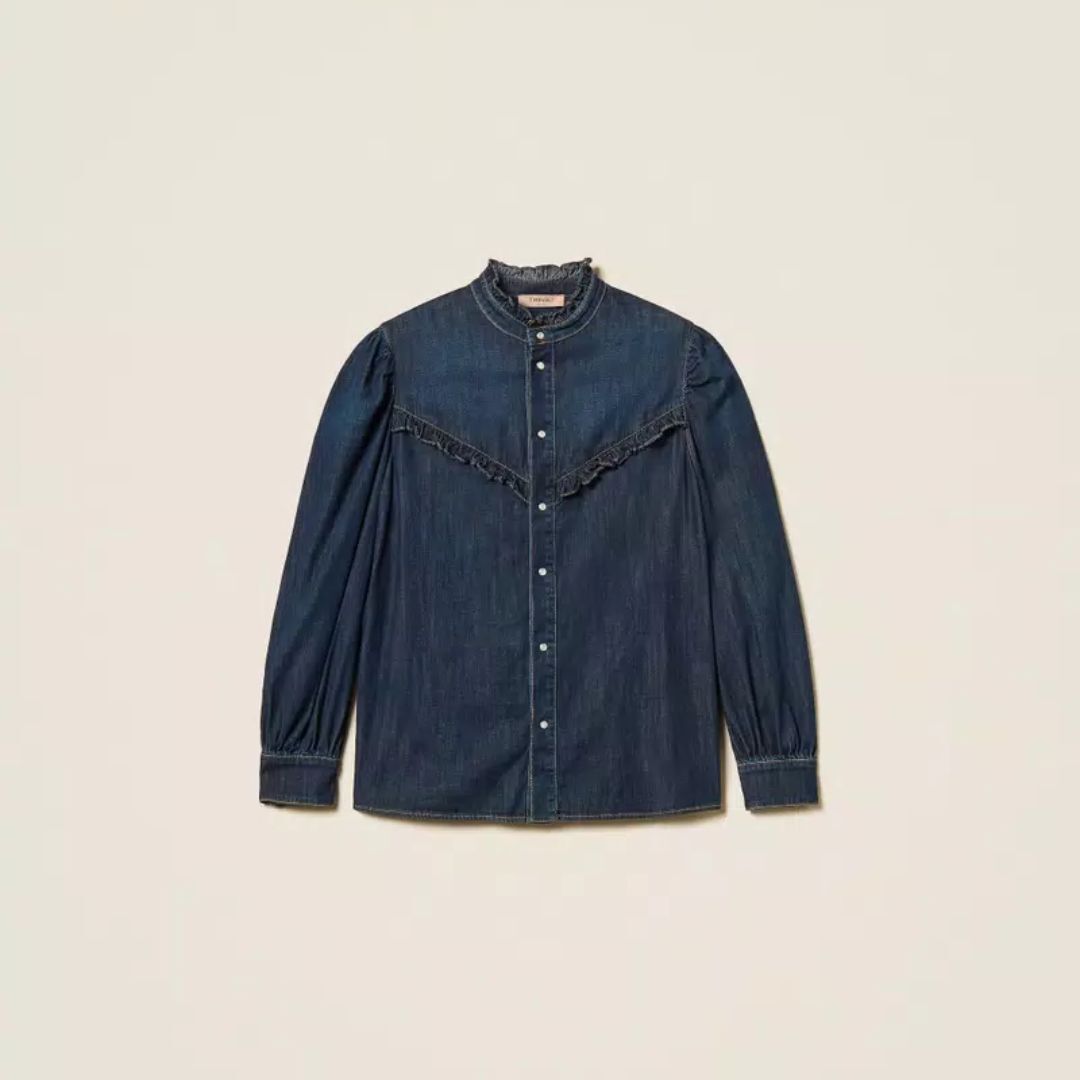1TS0319-026 [TWINSET] Denim Shirt With Ruffles Dark Denim #261TP2672 (C-EU-E)