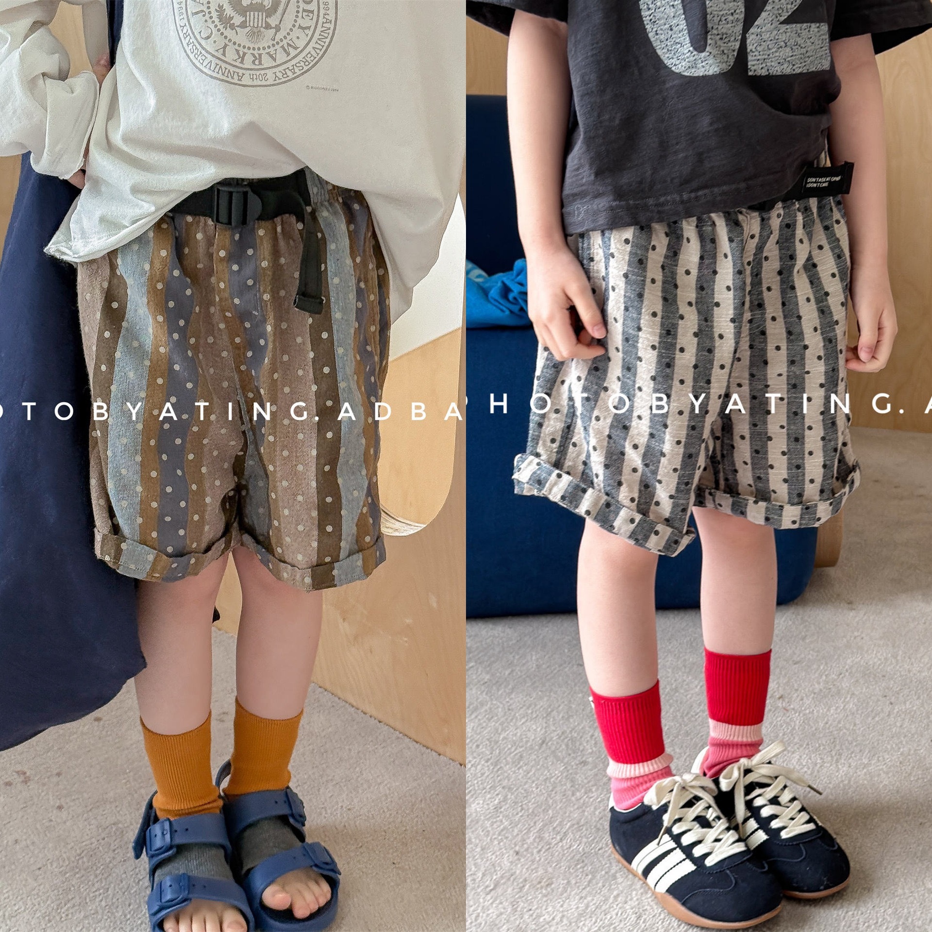 兩色復古氛圍直條五分褲