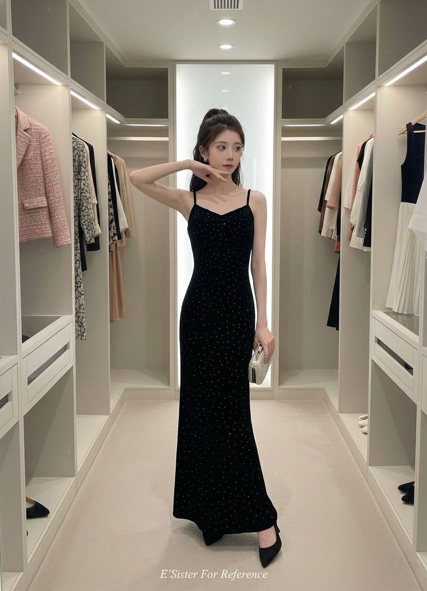 璀璨星光亮鑽絲絨細肩帶連身裙 C363