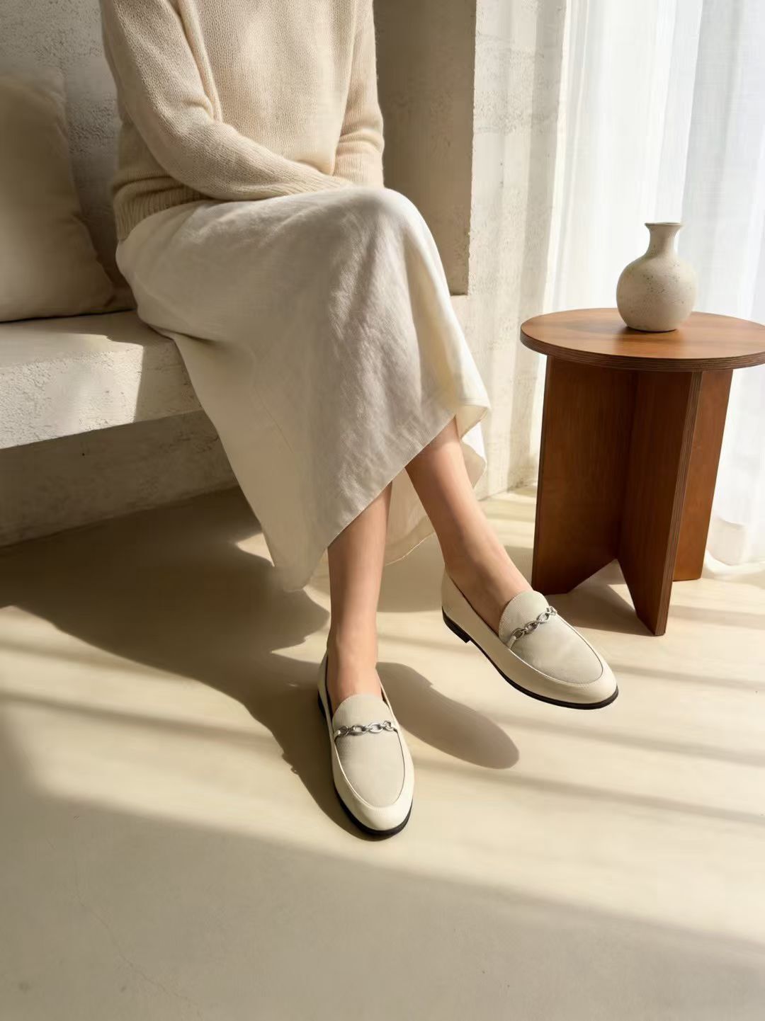 溫柔絨面拼接真皮樂福鞋(35-40)