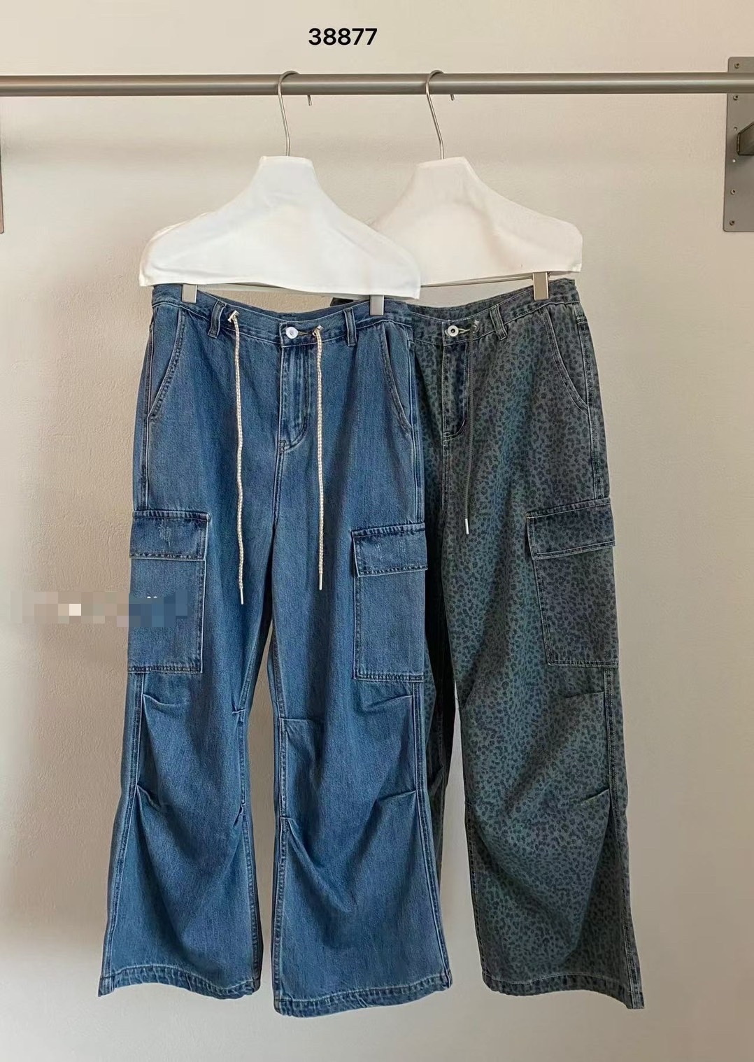 W00145復古豹紋工裝牛仔褲