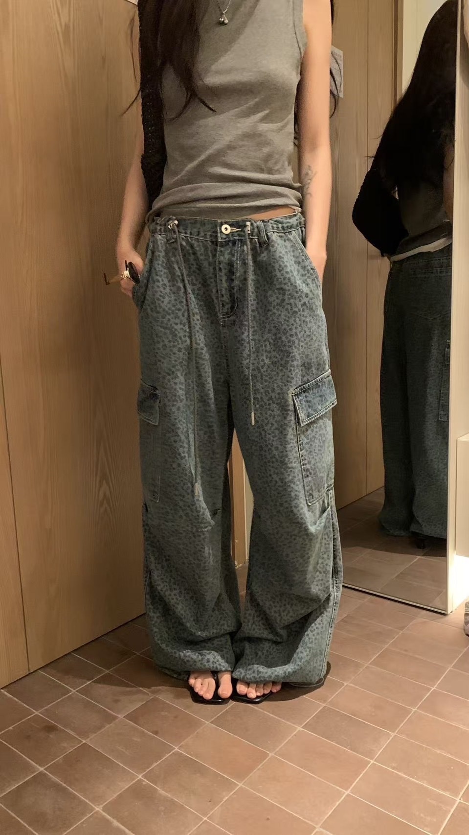 W00145復古豹紋工裝牛仔褲