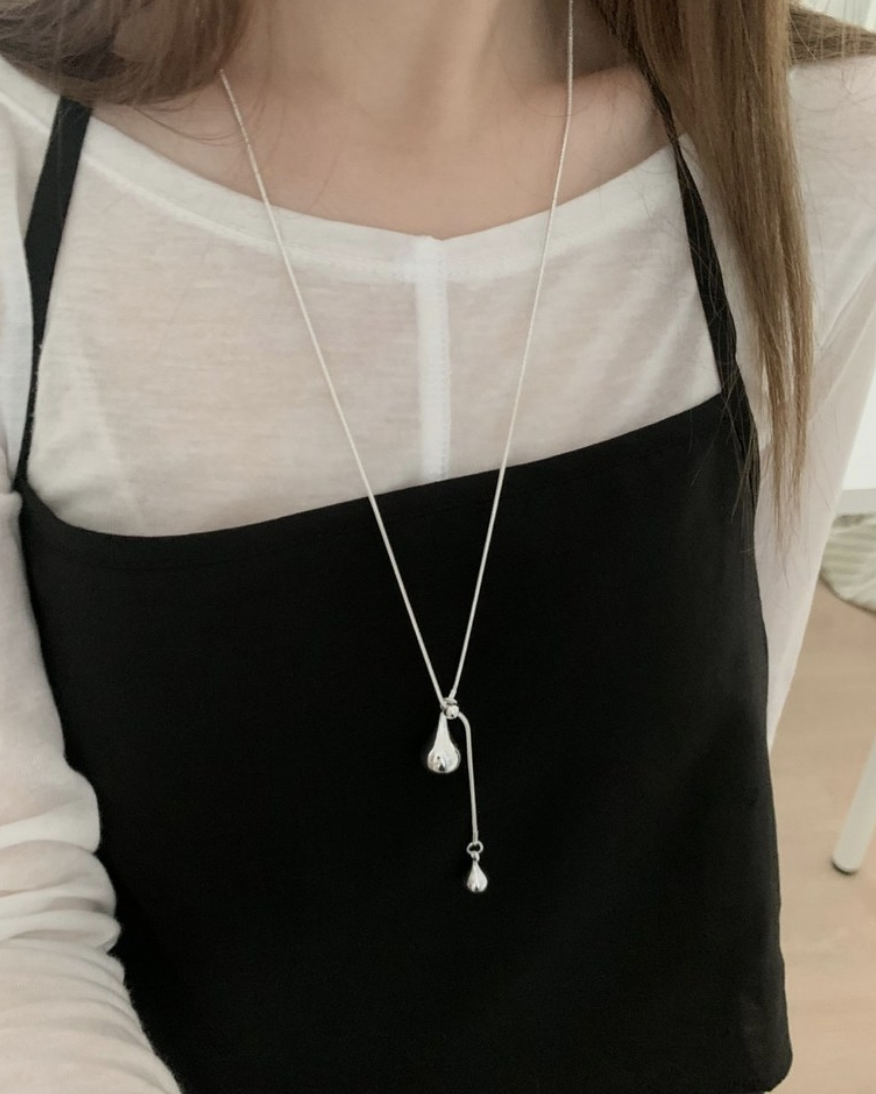 雙水滴Y字長項鏈 [ 銀色 / Free ]