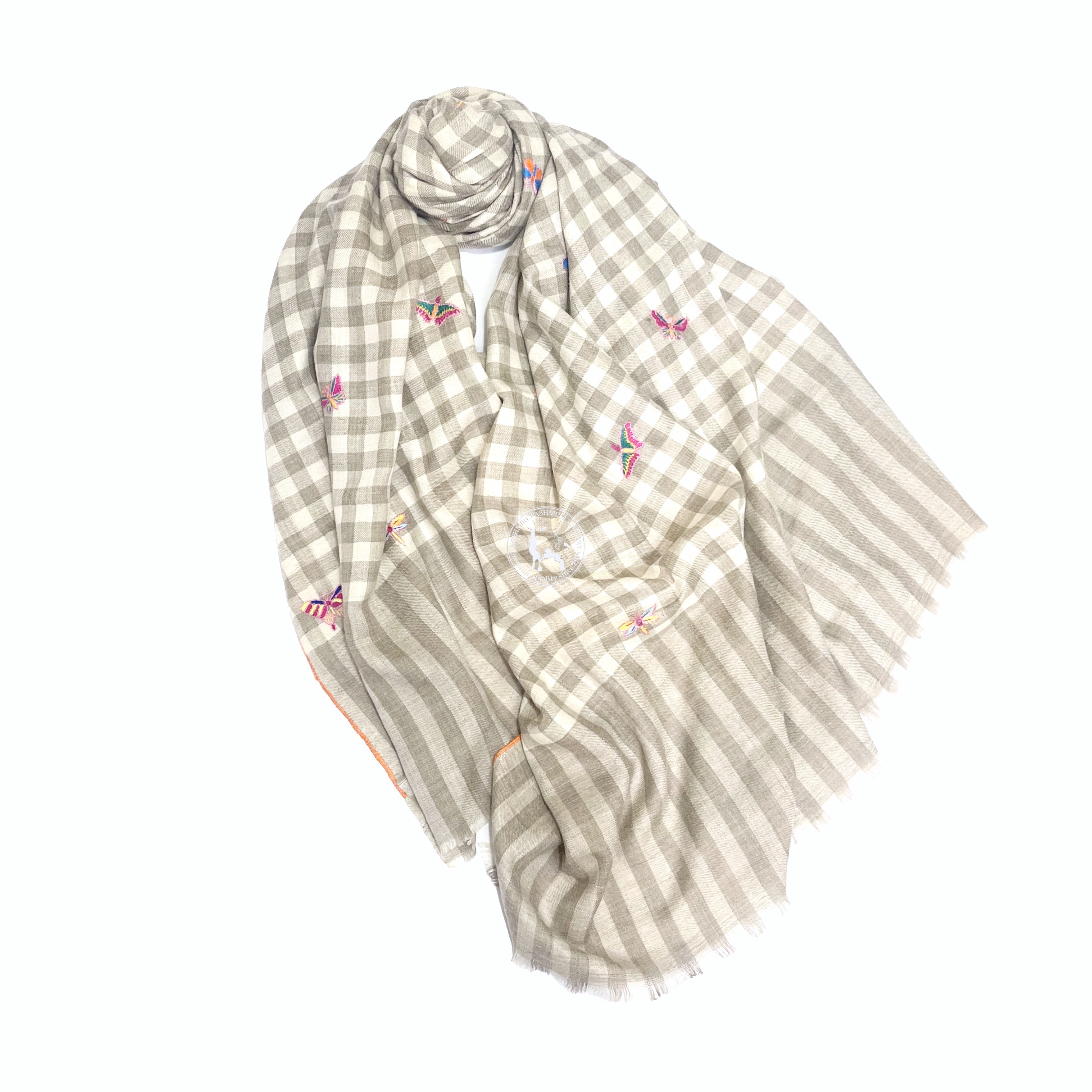 Natural Beige Camel Hand-Woven Kani Check Pattern Sozni Embroidered Shahmina Shawl