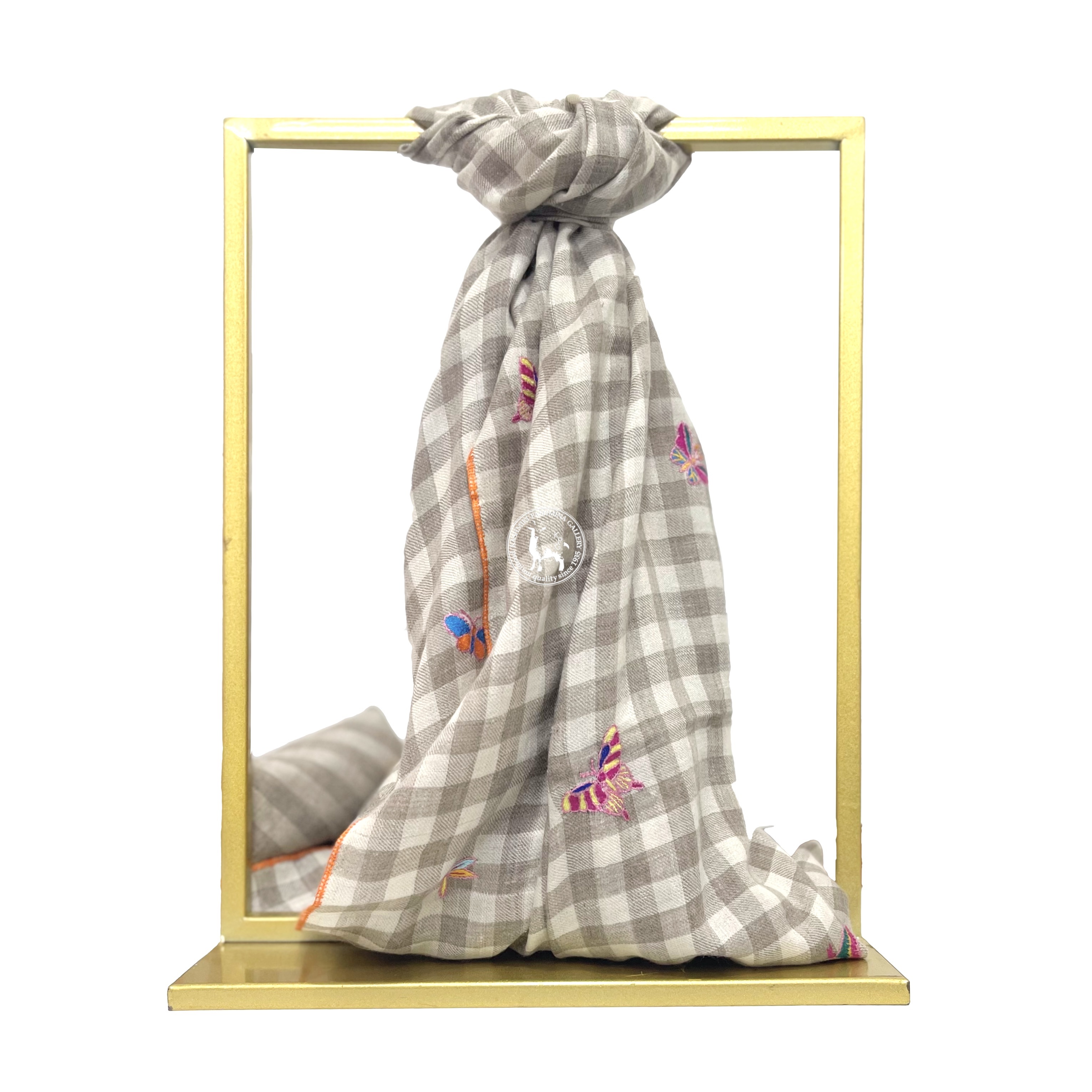 Natural Beige Camel Hand-Woven Kani Check Pattern Sozni Embroidered Shahmina Shawl