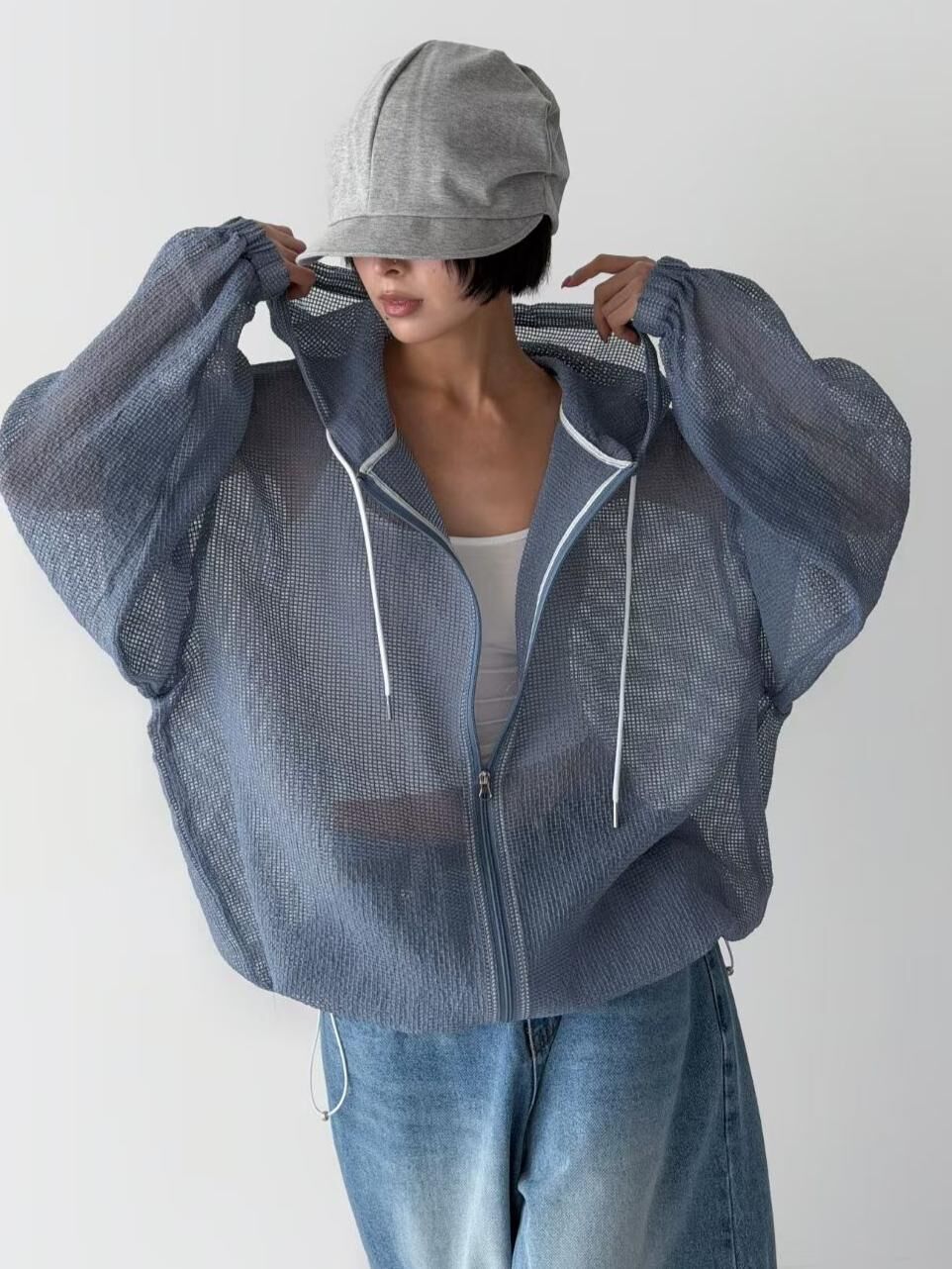 淨色網紋連帽拉鍊外套 AVOIR-007JK