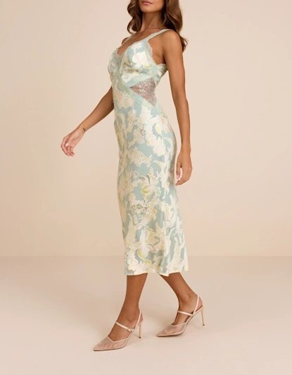 Sage鼠尾草綠色緞面印花蕾絲飾邊Dress