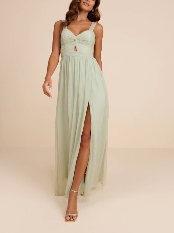 Sage鼠尾草綠色雪紡紗扭結開叉Dress