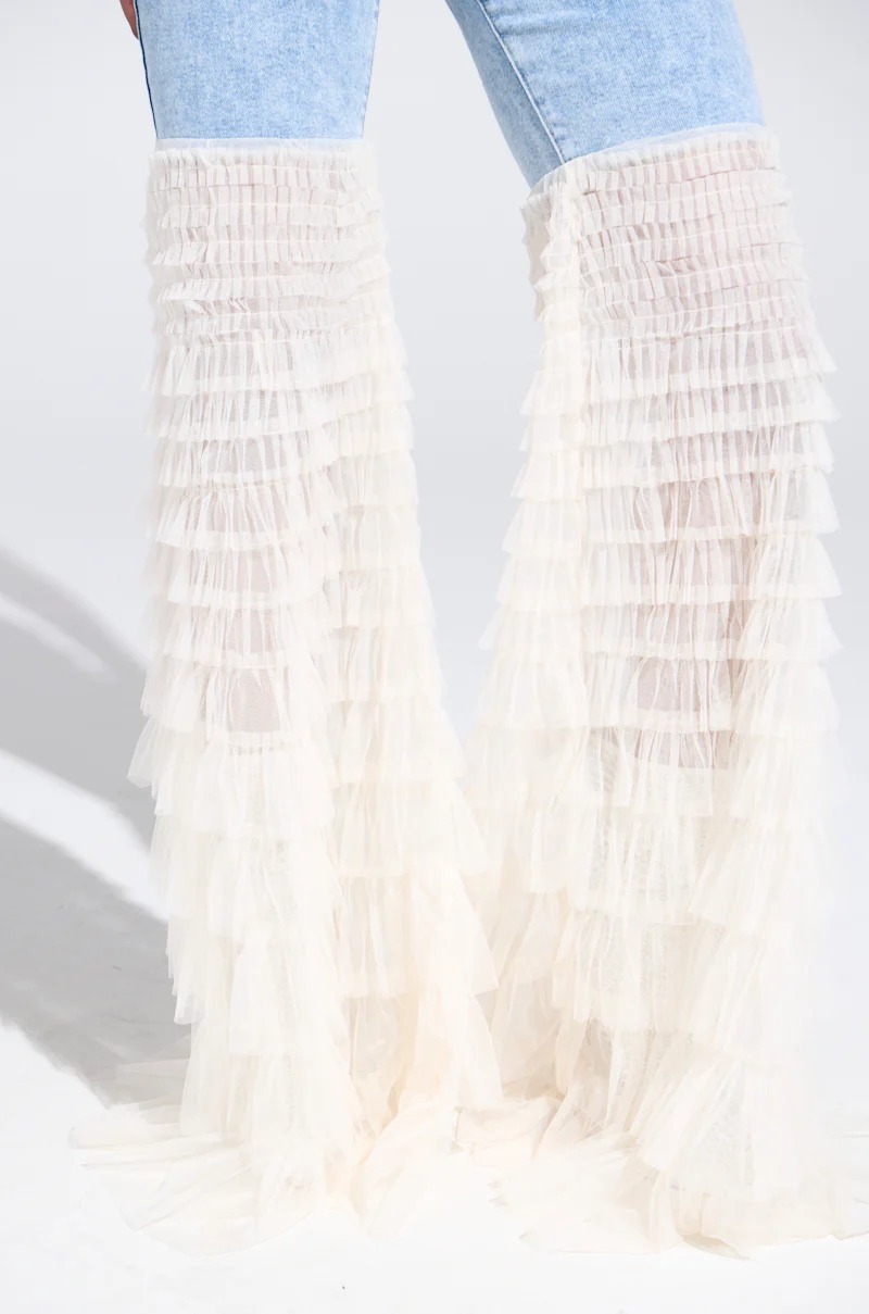 Denim單寧藍色網紗荷葉飾邊牛仔喇叭褲