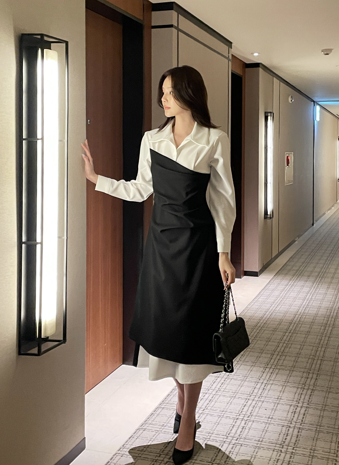 Rhea Fine Shirt-Collar Layered Dress [2 colors / S,M]