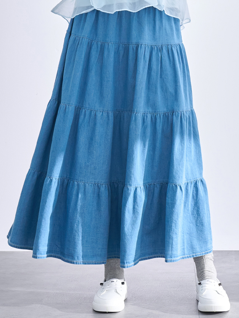日常素面層次蛋糕薄棉牛仔長裙