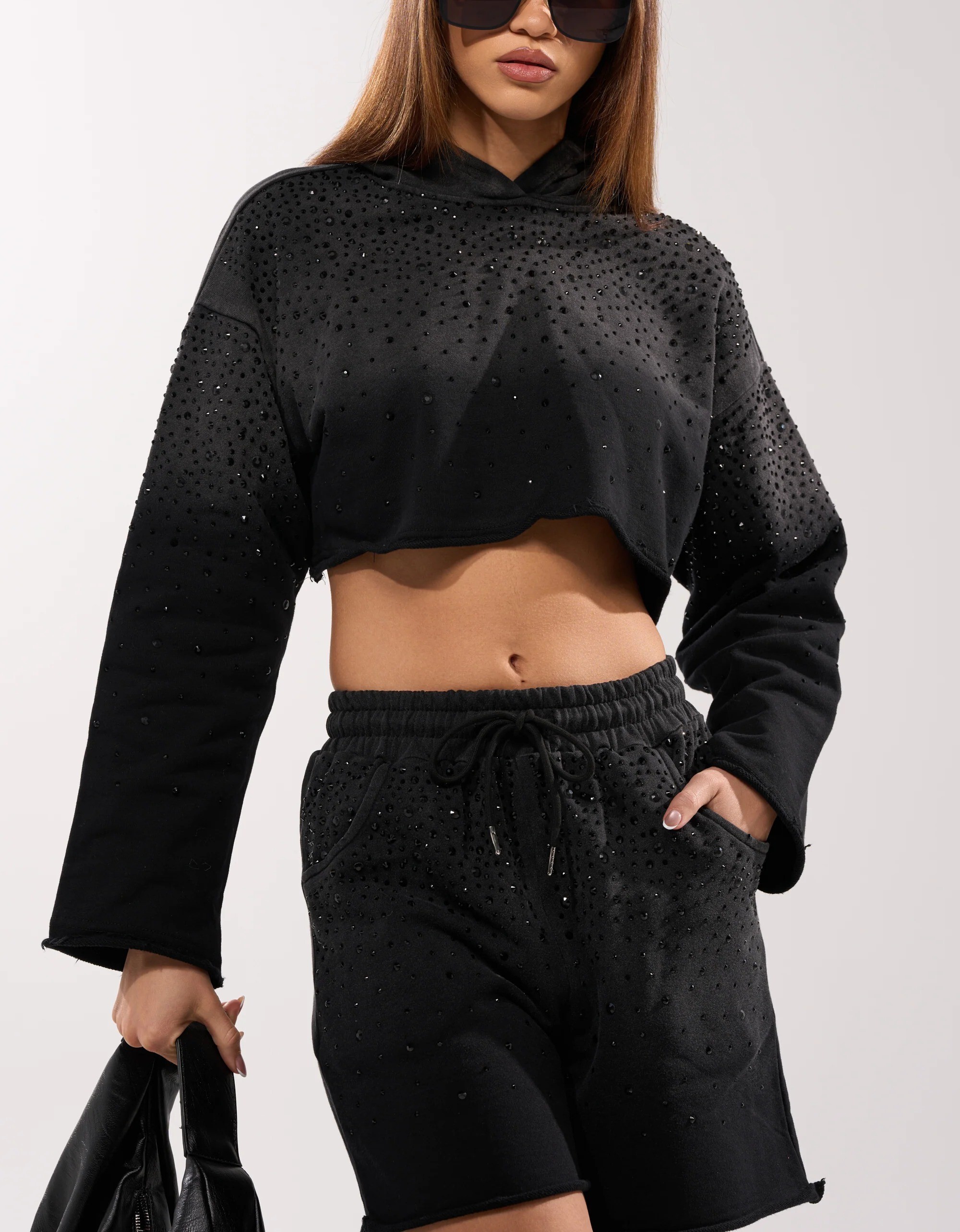 漸層燙鑽連帽上短上衣