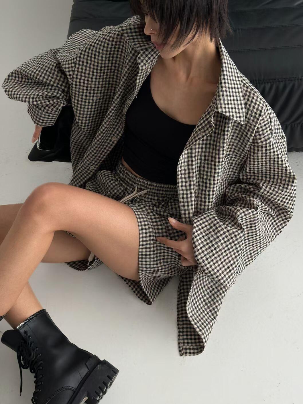 格仔長袖恤衫 AVOIR-016S