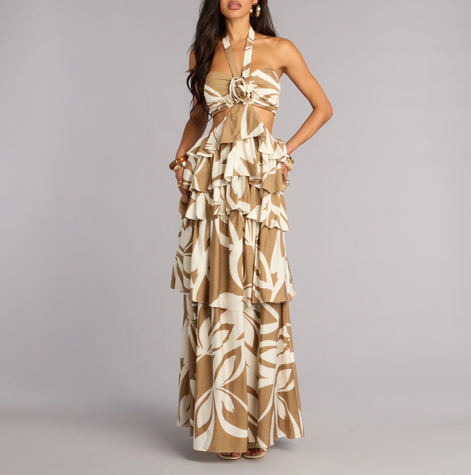 Ivory米白奶茶色抽象印花玫瑰花領繞脖Cutout 荷葉飾邊Dress