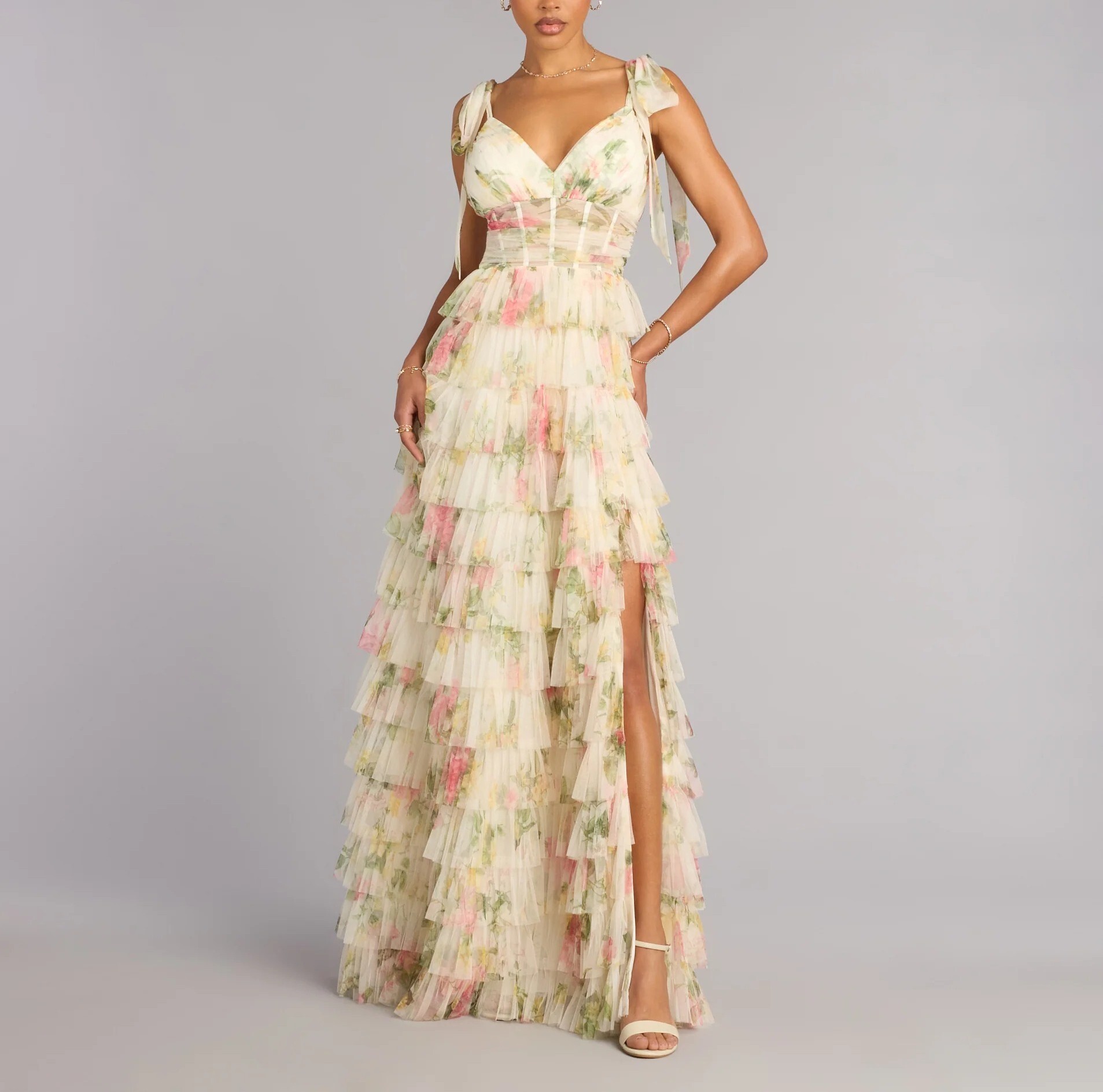 Ivory米白色網紗印花馬甲層次荷葉飾邊 Dress