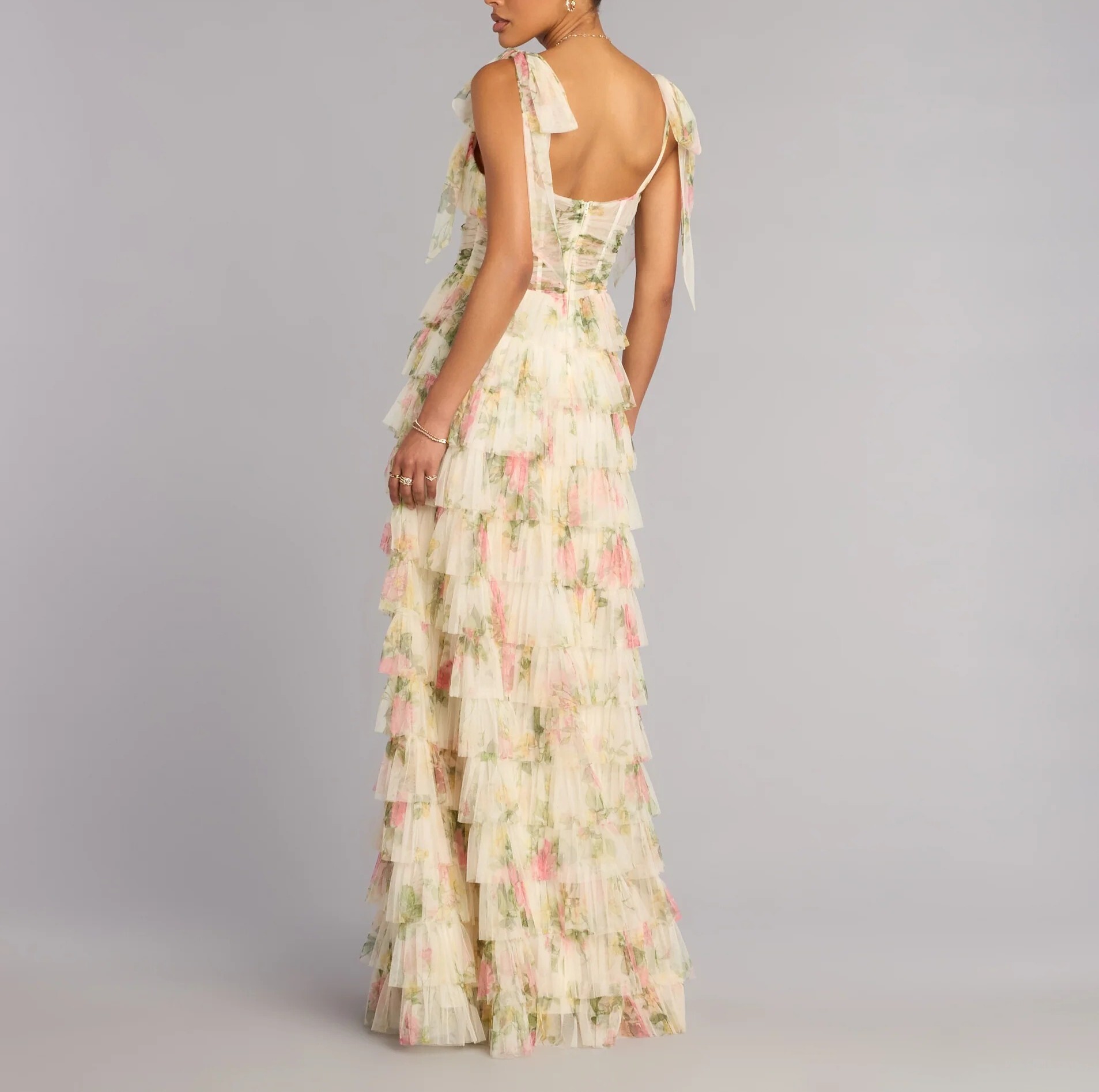 Ivory米白色網紗印花馬甲層次荷葉飾邊 Dress