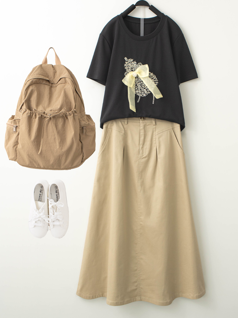 蝴蝶結縫珠刺繡短袖上衣打褶A字長裙組合