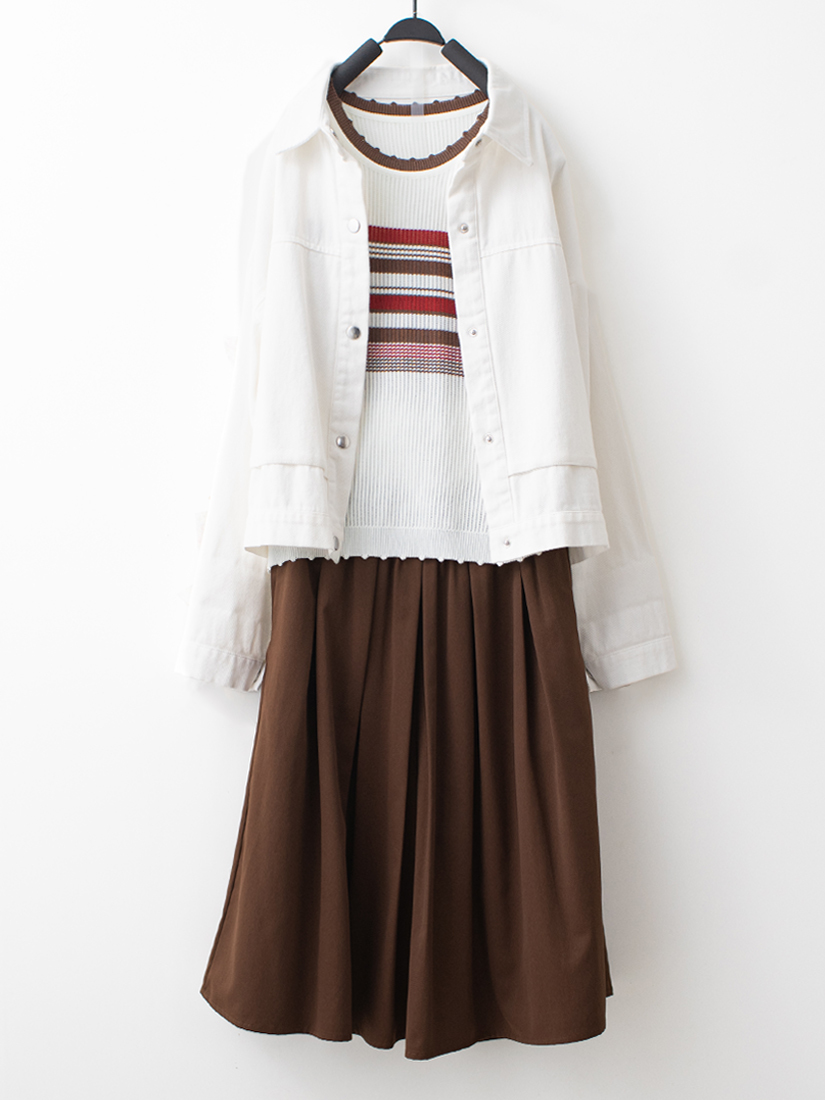 水洗棉夾克微簍空針織短袖鬆緊腰綁帶褲裙組合