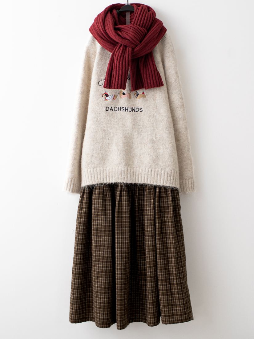 繡花鬆軟毛針織毛衣輕磨毛格紋八分長裙組合