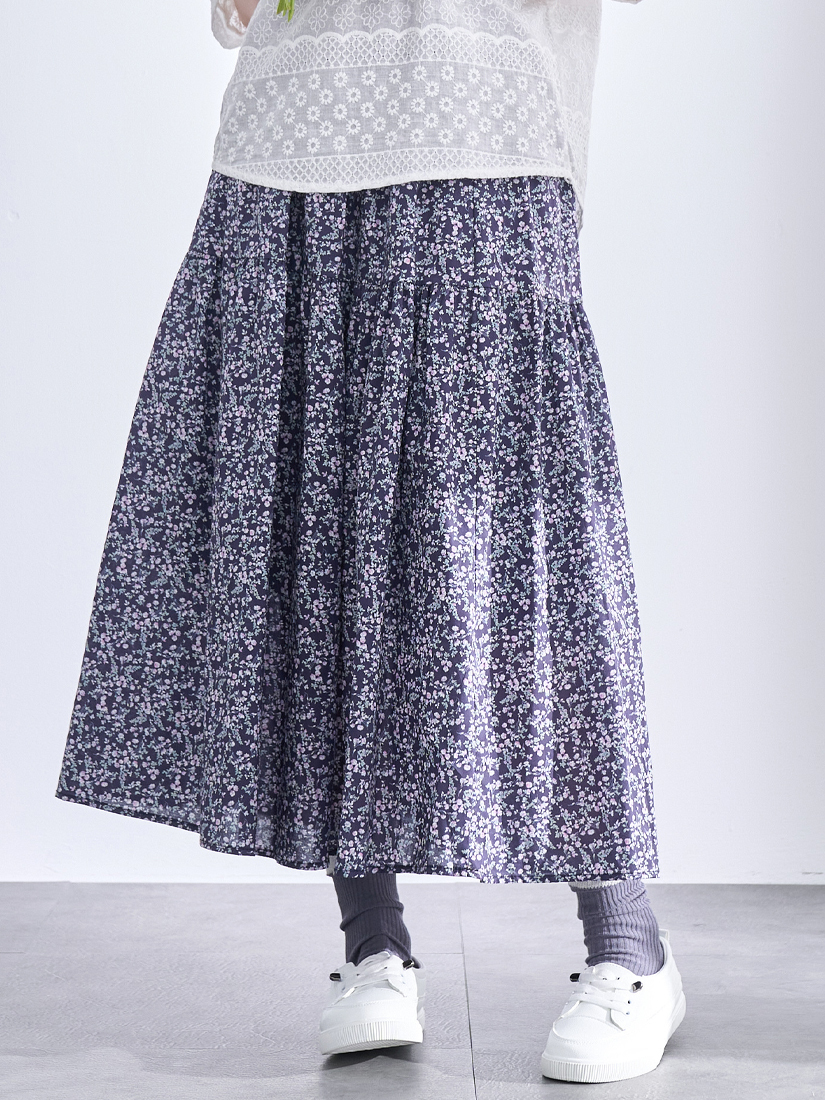 氣質碎花剪接細褶棉質長裙