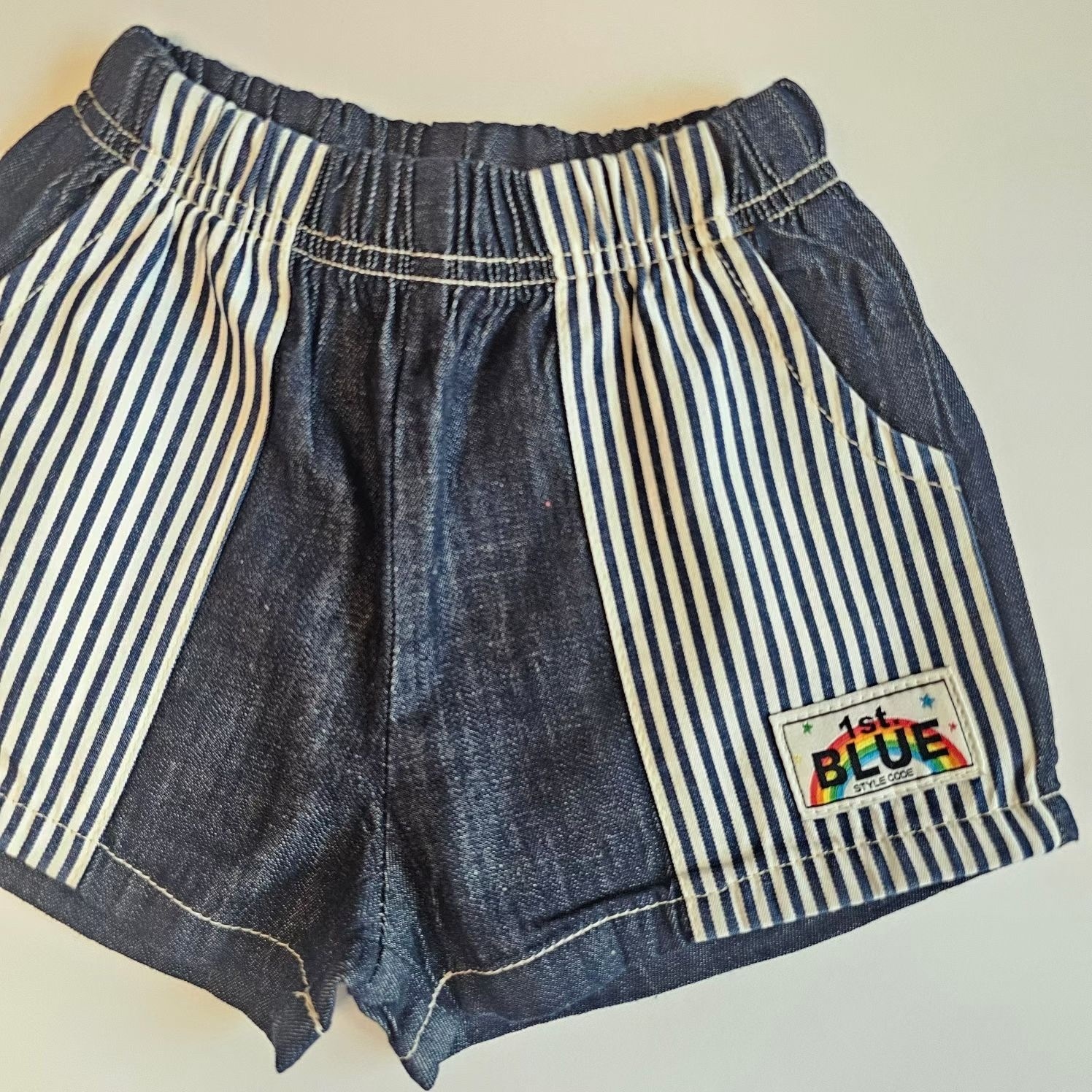 1st.Blue Vintage Color-block Denim Shorts