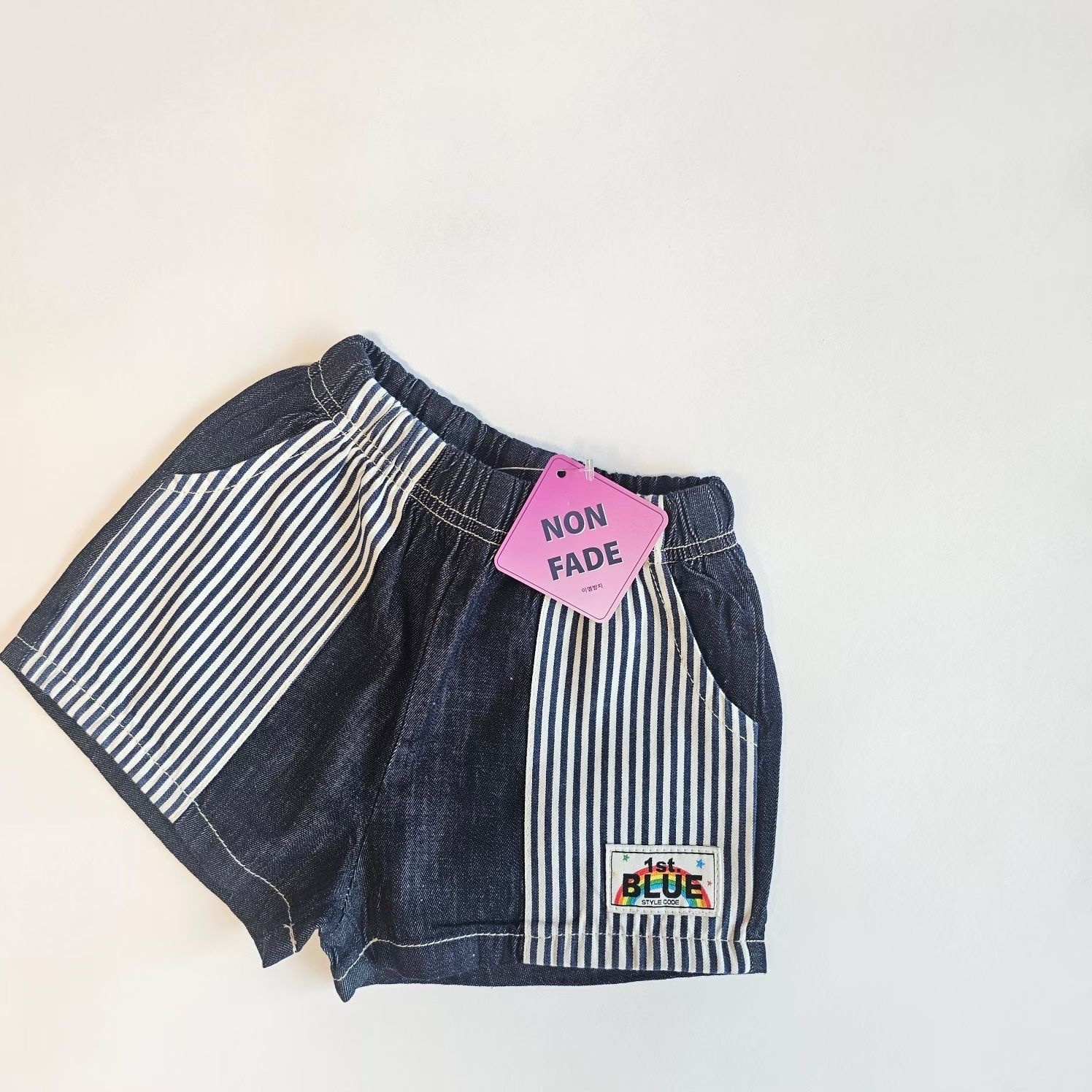 1st.Blue Vintage Color-block Denim Shorts
