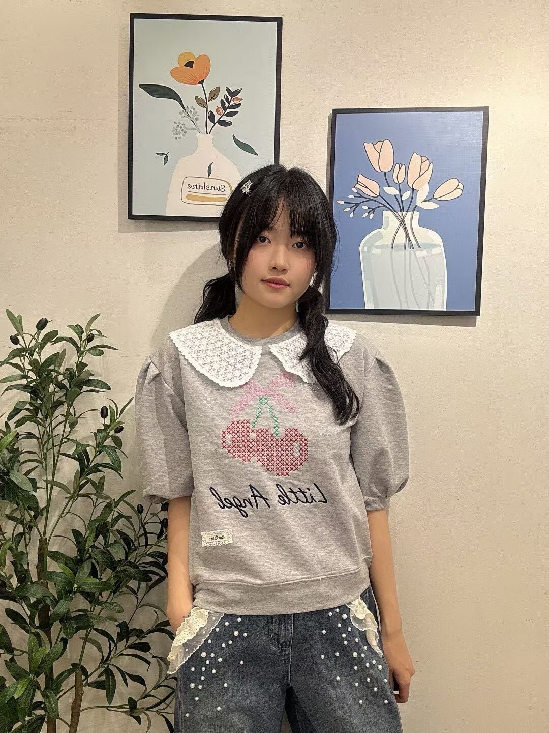 櫻桃圖公主袖T