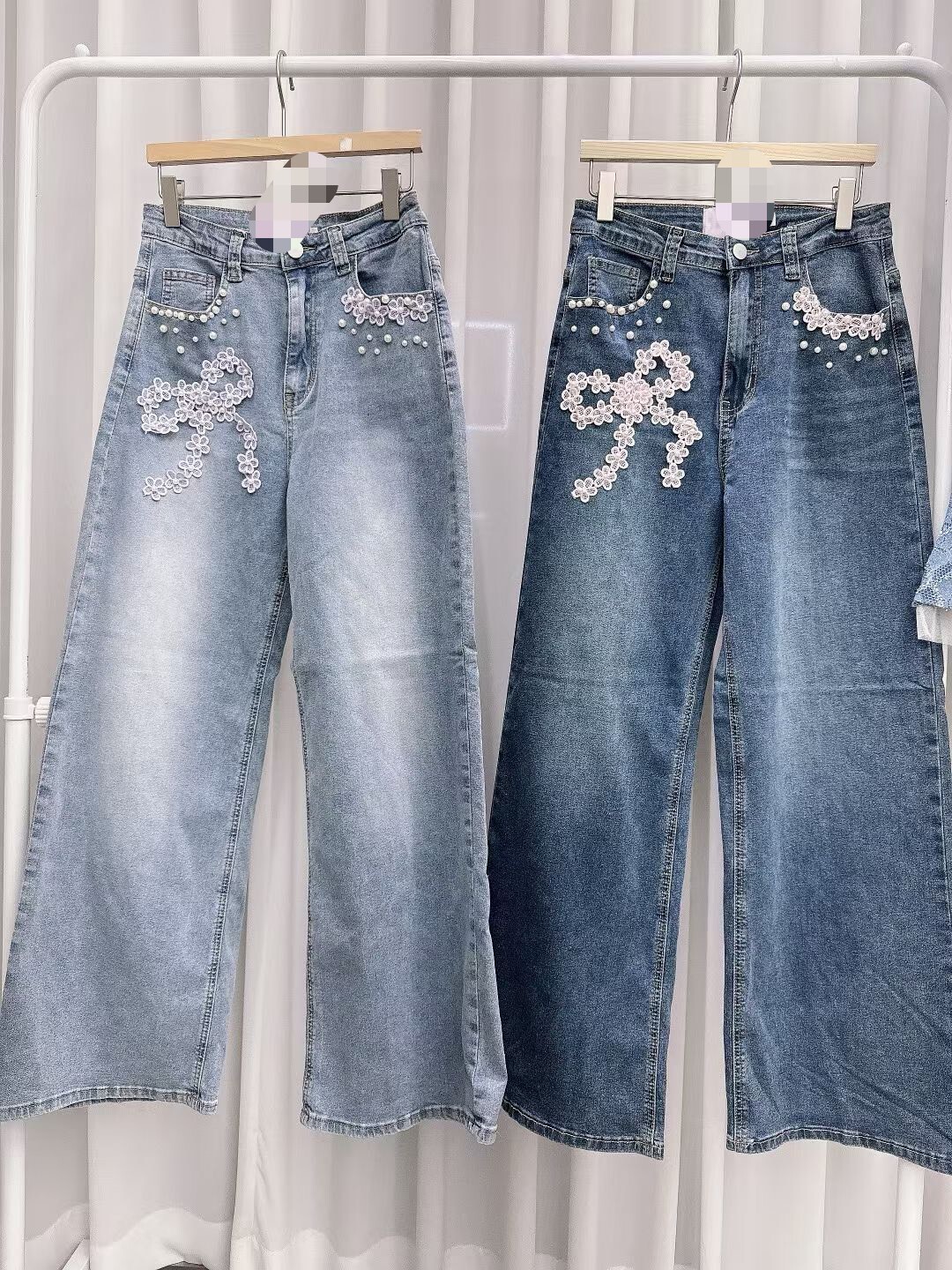 蕾花蝴蝶結珍珠牛仔長褲