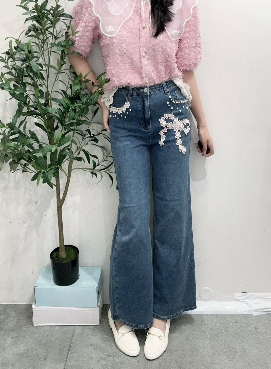 蕾花蝴蝶結珍珠牛仔長褲