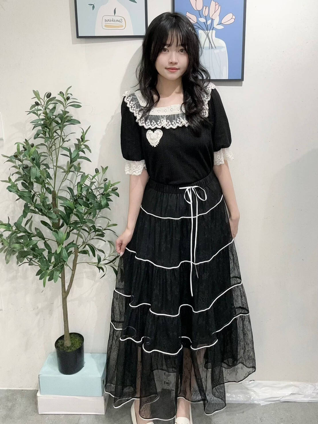 滾圈紗綁帶長裙