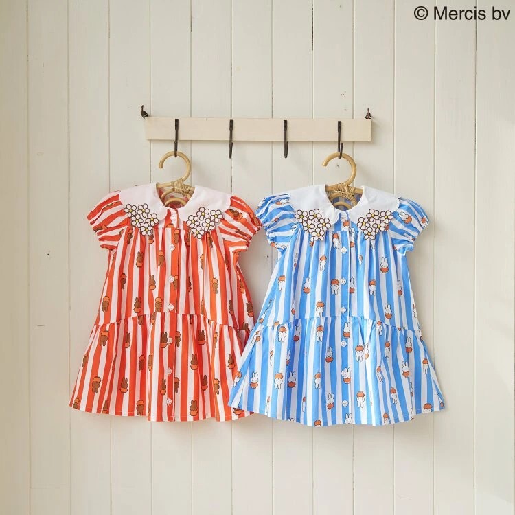 日本 90-130 Dick Bruna花朵領直紋洋裝 2色