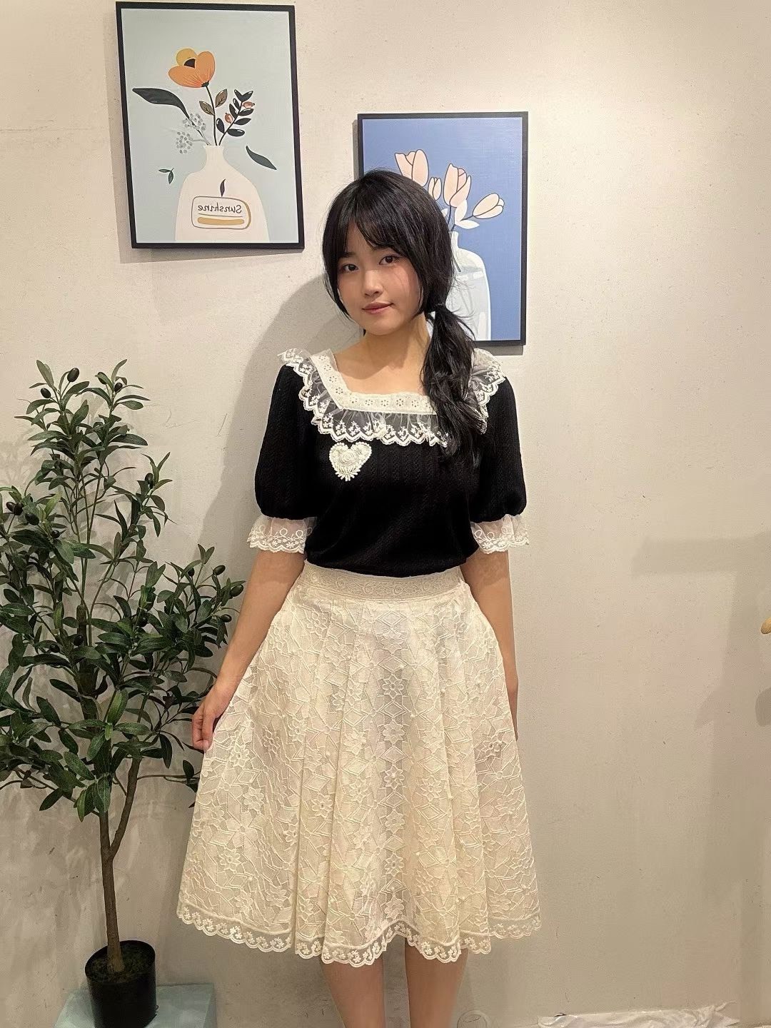 蕾絲過膝珍珠半裙