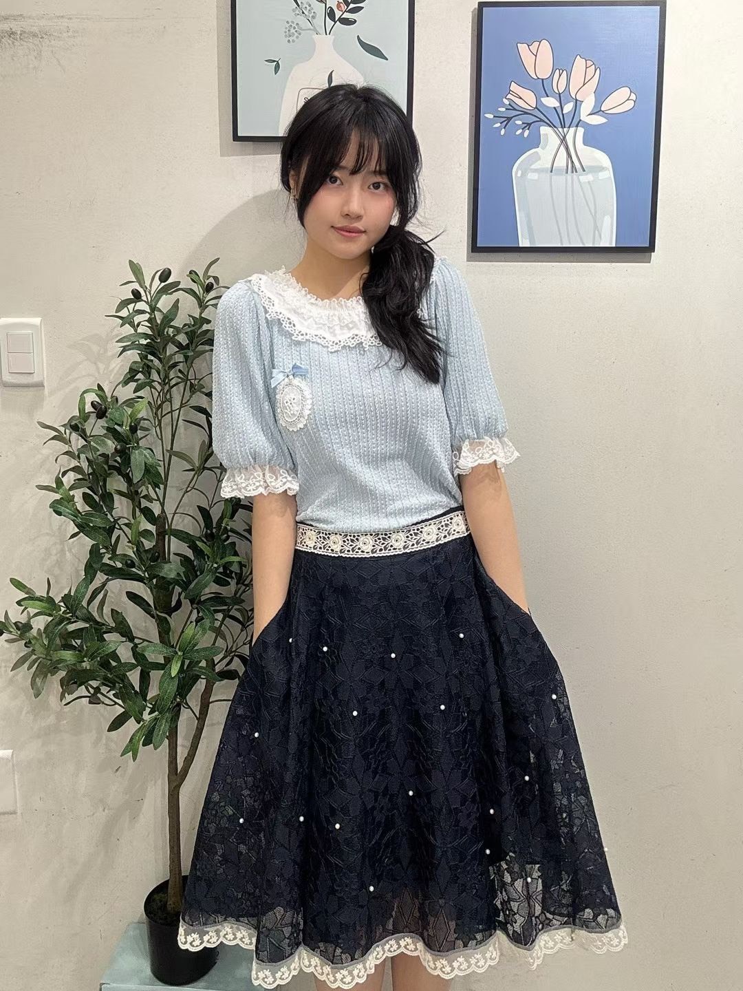 蕾絲過膝珍珠半裙