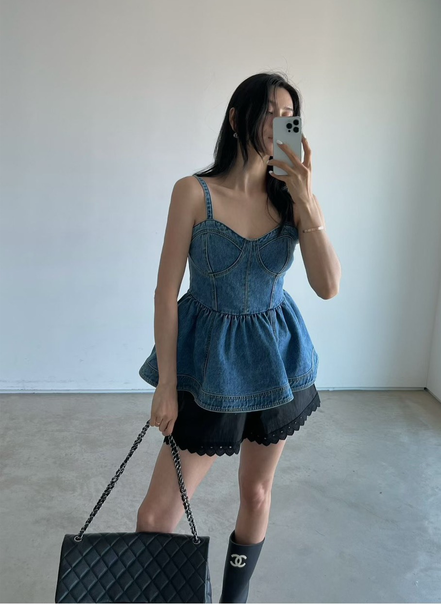 牛仔傘擺背拉鍊背心