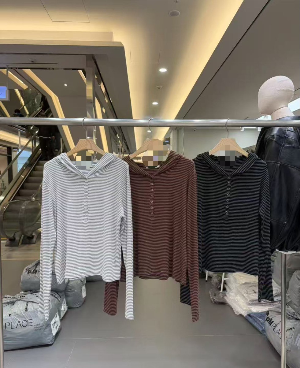 連帽開釦合身條紋T