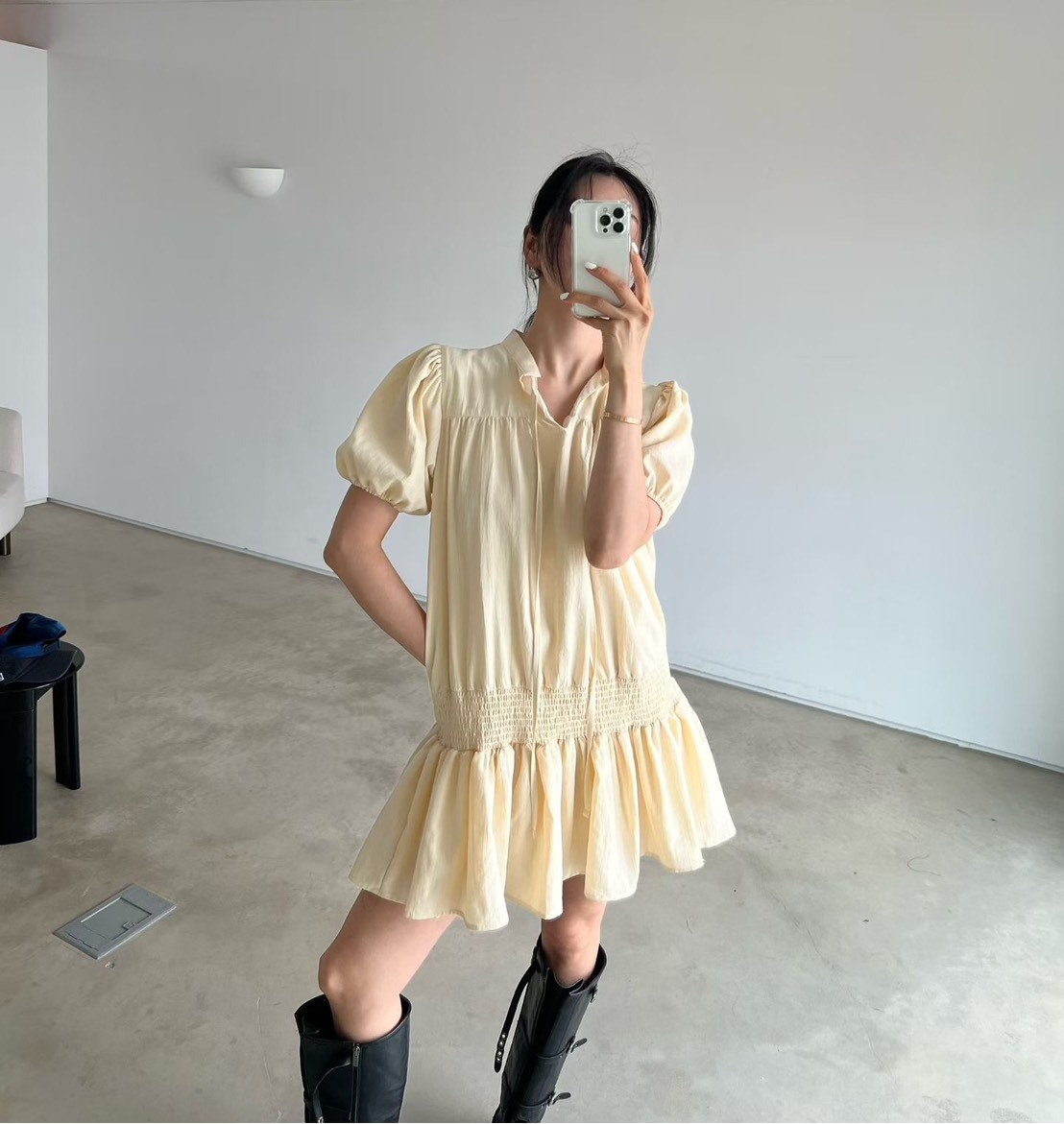 短袖飄帶束腰短洋裝