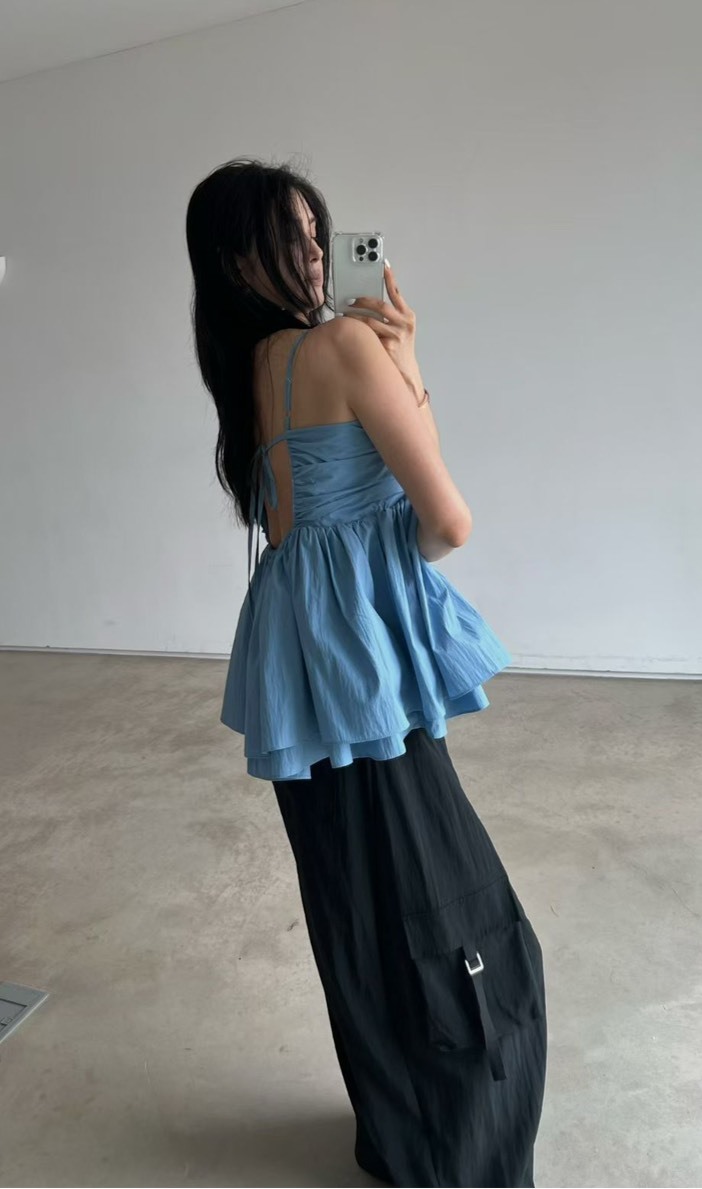 吊帶抓褶美背傘擺背心