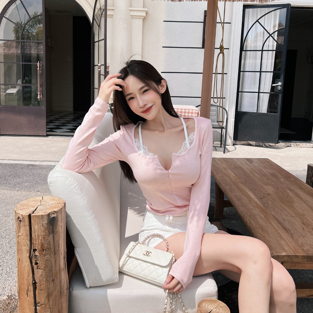 【帶鑽甜心】DOMISS推薦! 假兩件蕾絲拼接收腰上衣-3色 純欲顯瘦針織(現+預)