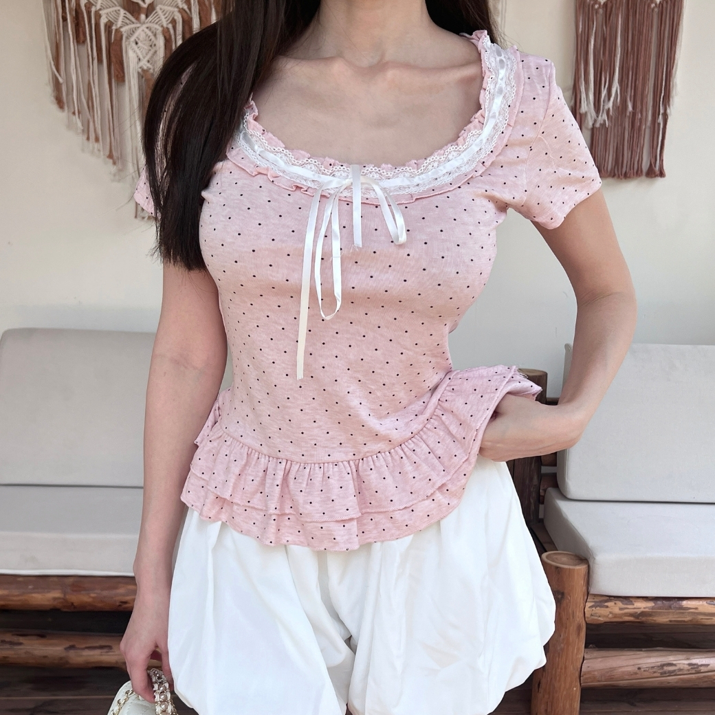 【波點x蕾絲】DOMISS荷葉短袖上衣-2色 (現+預)