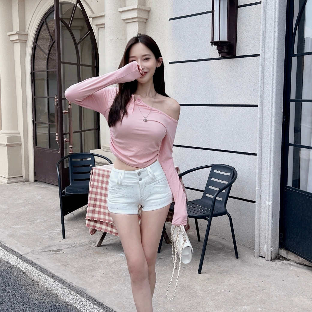 【偷心斜肩】DOMISS自訂! 鈕扣不規則抓皺上衣 自留推薦-3色(現+預)