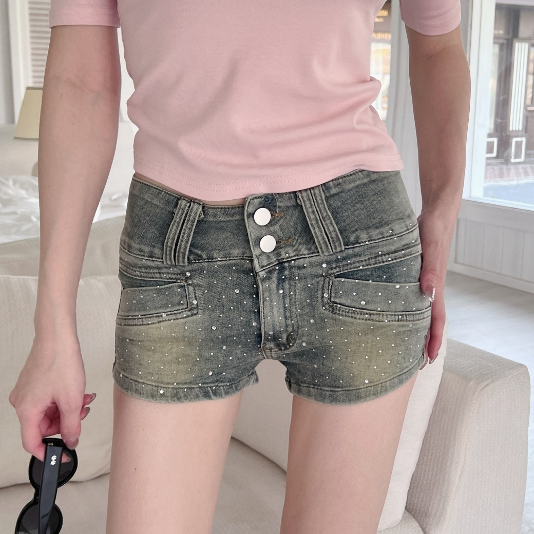 【爆鑽熱褲】DOMISS復古中藍色! 顯瘦中高腰牛仔短褲(現+預)