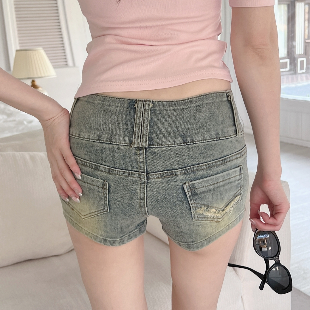 【爆鑽熱褲】DOMISS復古中藍色! 顯瘦中高腰牛仔短褲(現+預)