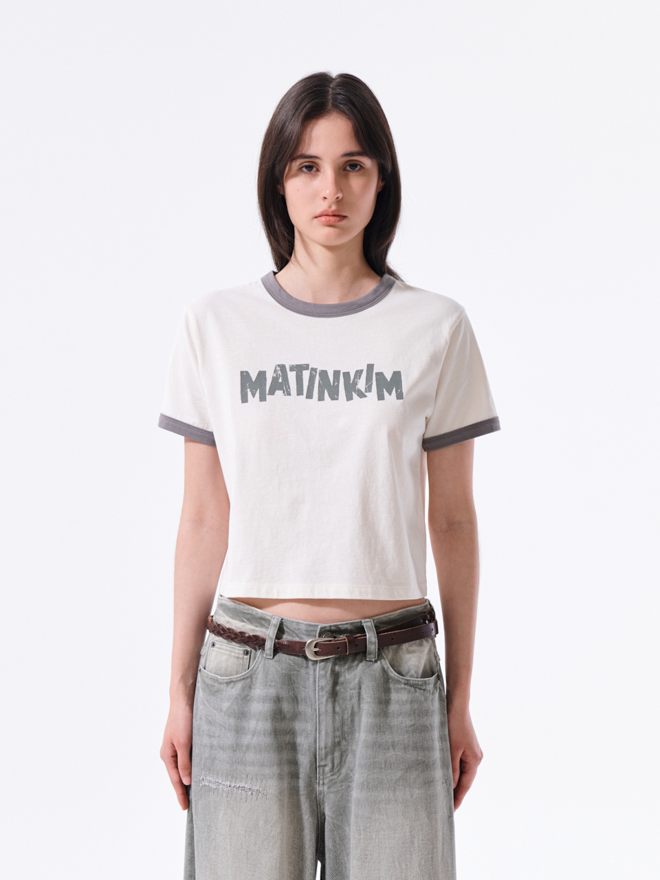 LOGO滾邊短版上衣 奶油色