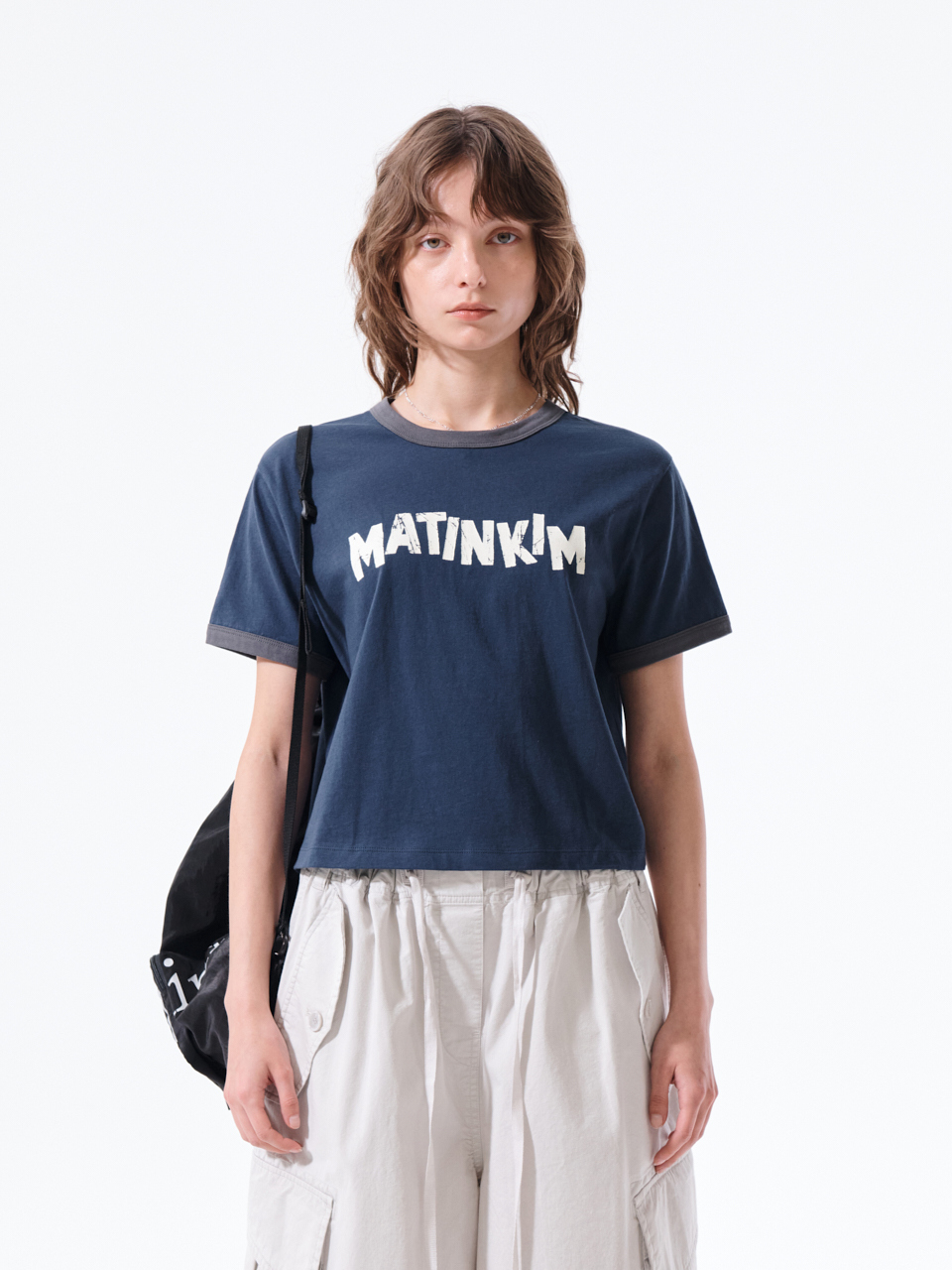 LOGO滾邊短版上衣 海軍藍