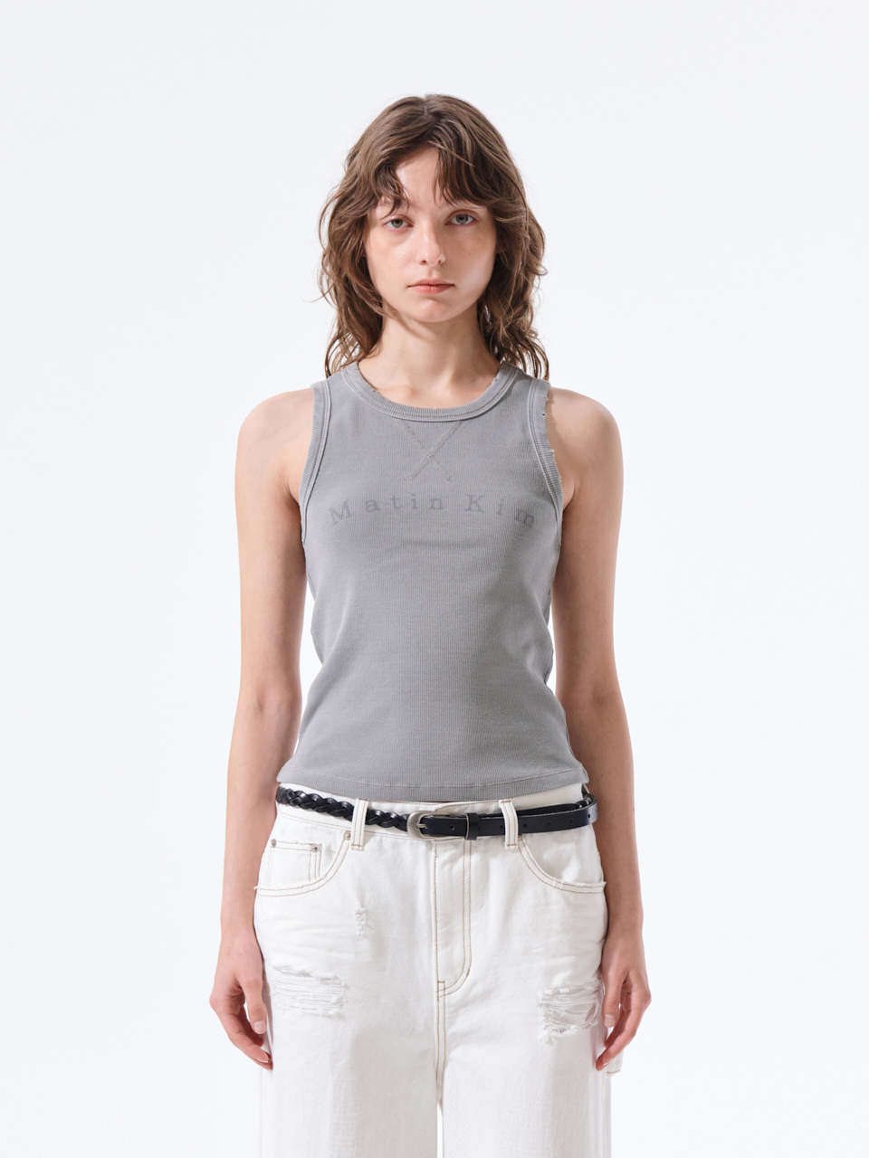 復古做舊LOGO無袖上衣 淺灰