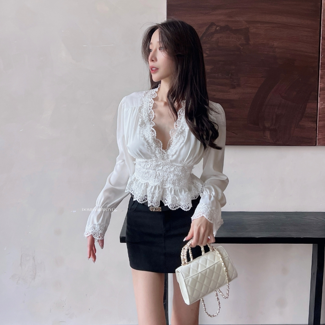 【法式精緻】DOMISS亮鑽蕾絲拼接收腰 雪紡 襯衫 (現+預)