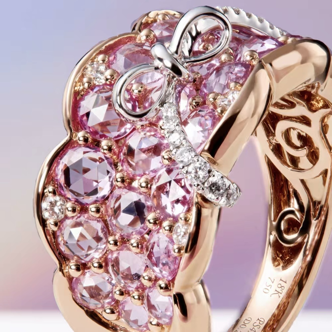 18K雙色金玫瑰切粉紅藍寶石鑽石Cocktail戒指