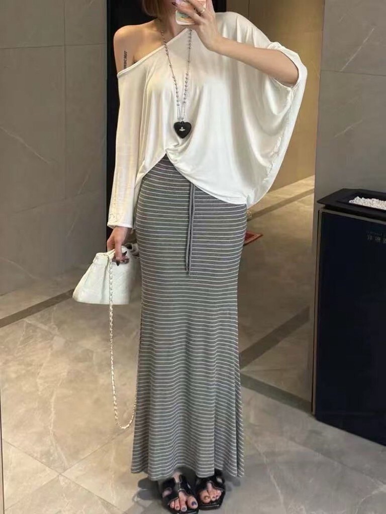 0185-蝙蝠袖上衣+條紋包臀長裙