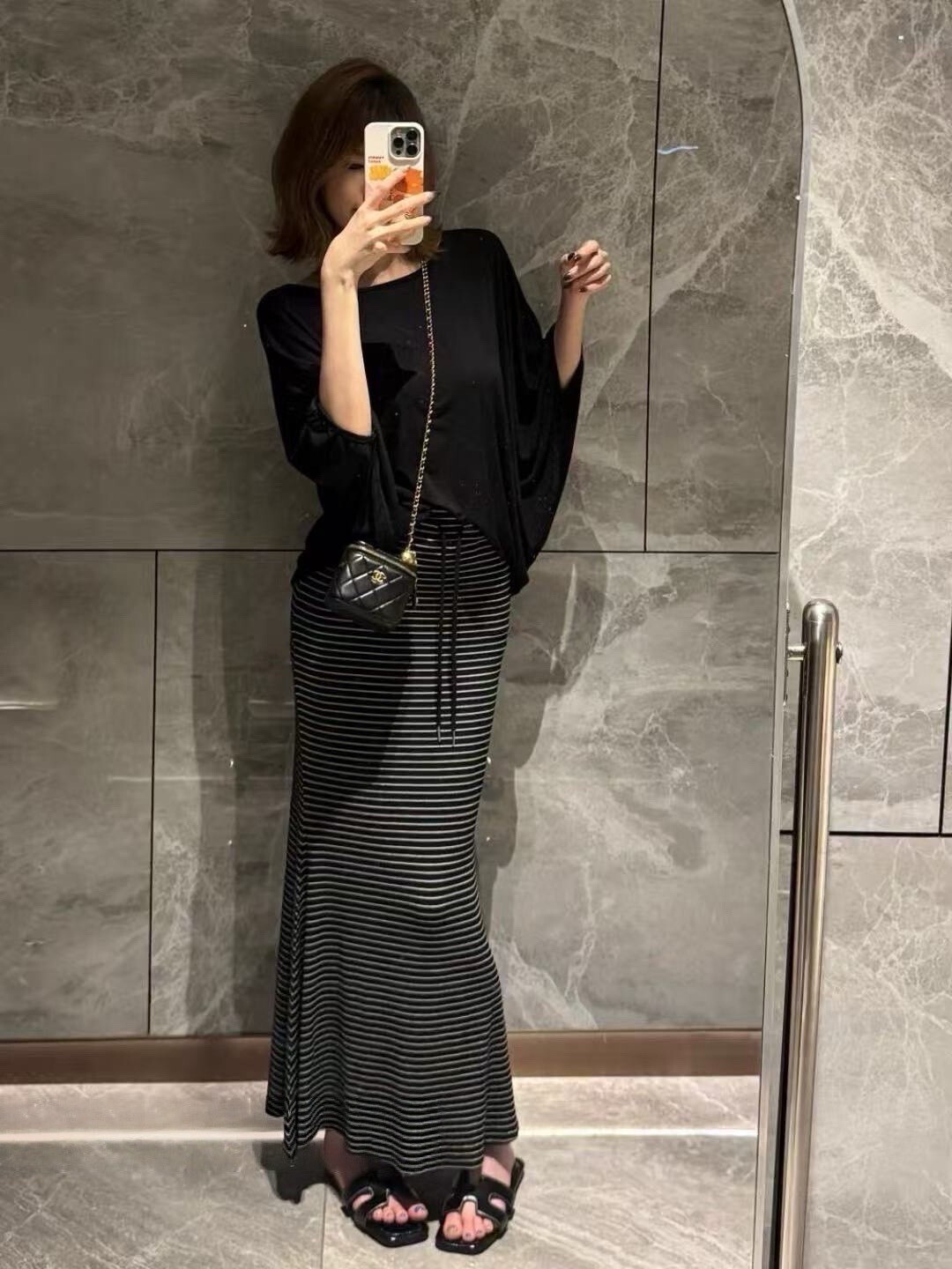 0185-蝙蝠袖上衣+條紋包臀長裙