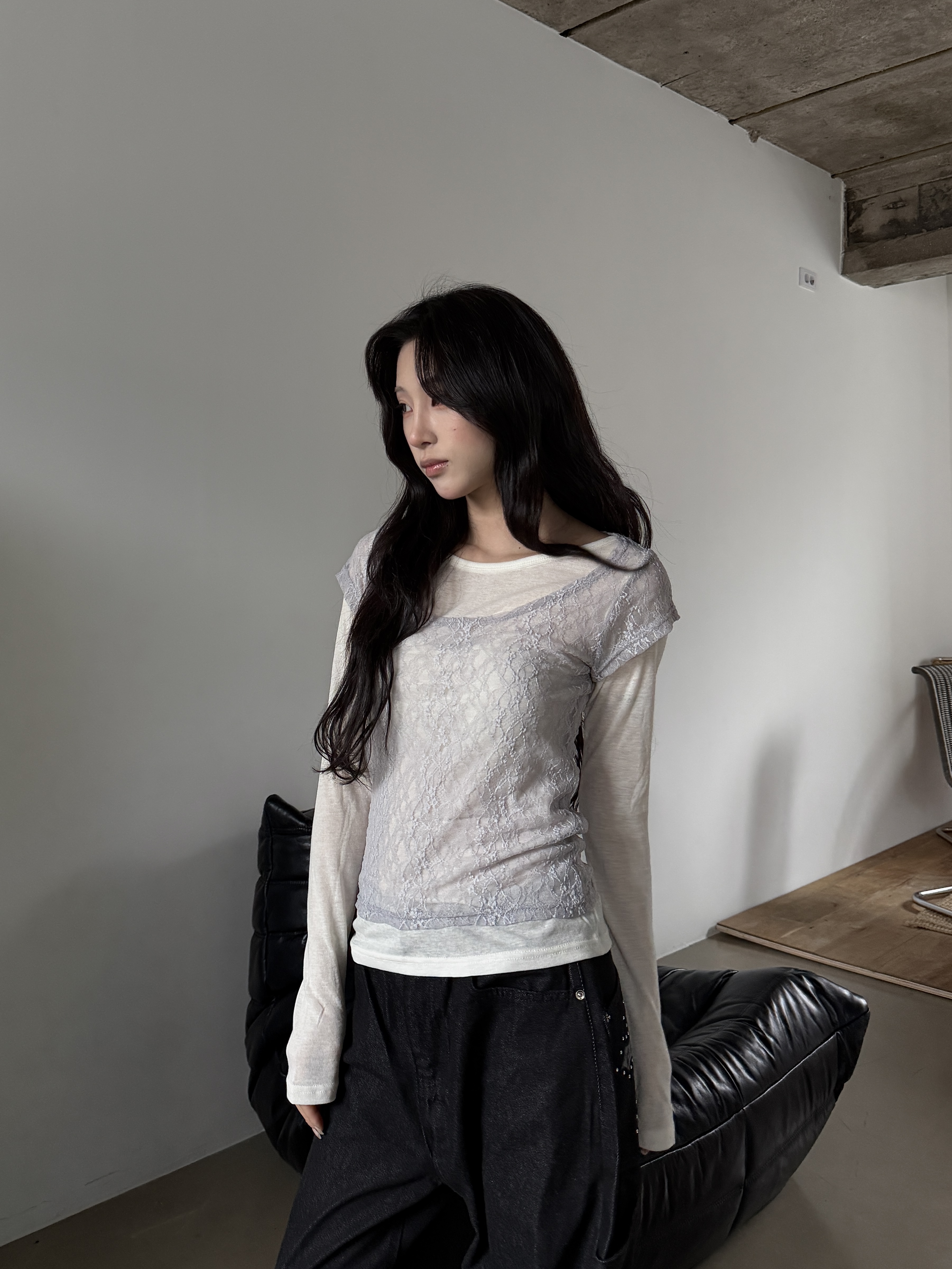 柔霧蕾絲 兩件式 疊穿修身長袖上衣